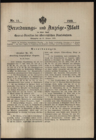 Verordnungs- und Anzeige-Blatt der k.k. General-Direction der österr. Staatsbahnen 18890221 Seite: 1