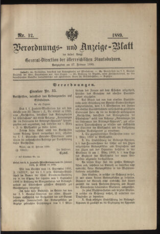 Verordnungs- und Anzeige-Blatt der k.k. General-Direction der österr. Staatsbahnen 18890227 Seite: 1