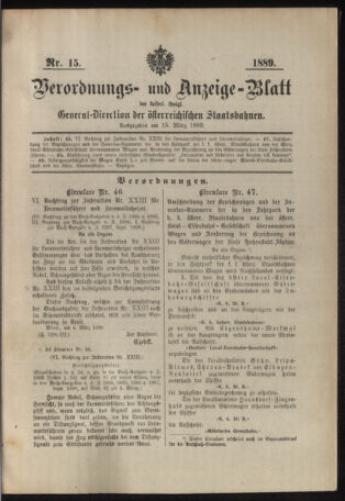 Verordnungs- und Anzeige-Blatt der k.k. General-Direction der österr. Staatsbahnen 18890315 Seite: 1