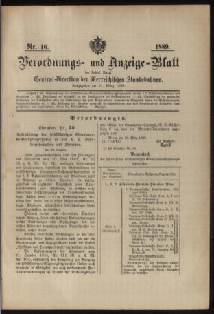 Verordnungs- und Anzeige-Blatt der k.k. General-Direction der österr. Staatsbahnen 18890321 Seite: 1