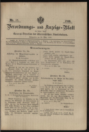 Verordnungs- und Anzeige-Blatt der k.k. General-Direction der österr. Staatsbahnen 18890328 Seite: 1