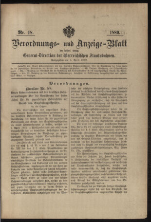 Verordnungs- und Anzeige-Blatt der k.k. General-Direction der österr. Staatsbahnen 18890405 Seite: 1