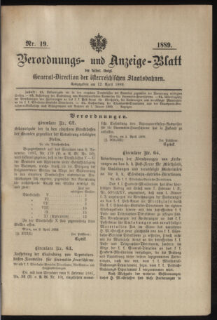 Verordnungs- und Anzeige-Blatt der k.k. General-Direction der österr. Staatsbahnen 18890412 Seite: 1