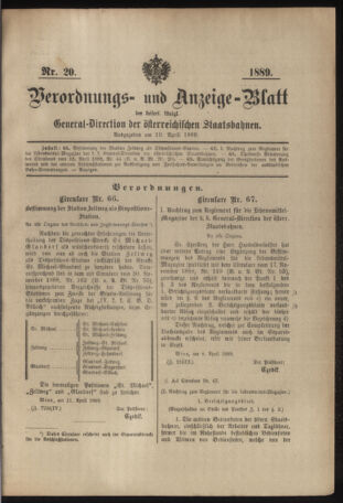 Verordnungs- und Anzeige-Blatt der k.k. General-Direction der österr. Staatsbahnen 18890419 Seite: 1