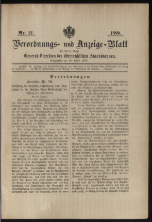 Verordnungs- und Anzeige-Blatt der k.k. General-Direction der österr. Staatsbahnen 18890425 Seite: 1