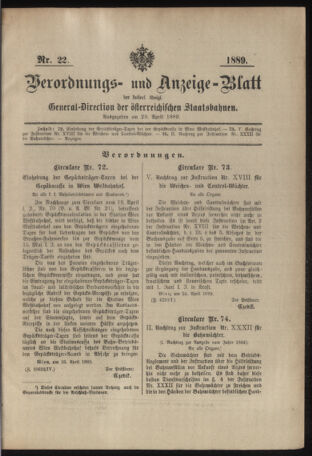 Verordnungs- und Anzeige-Blatt der k.k. General-Direction der österr. Staatsbahnen 18890429 Seite: 1