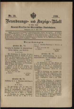 Verordnungs- und Anzeige-Blatt der k.k. General-Direction der österr. Staatsbahnen 18890510 Seite: 1