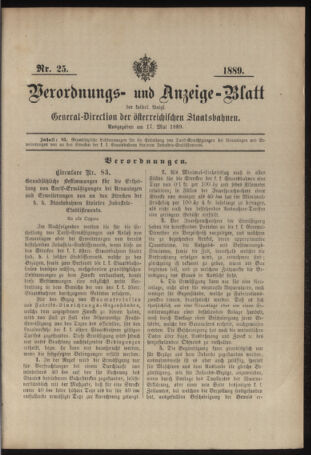 Verordnungs- und Anzeige-Blatt der k.k. General-Direction der österr. Staatsbahnen 18890517 Seite: 1