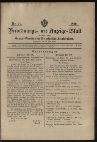 Verordnungs- und Anzeige-Blatt der k.k. General-Direction der österr. Staatsbahnen 18890530 Seite: 1