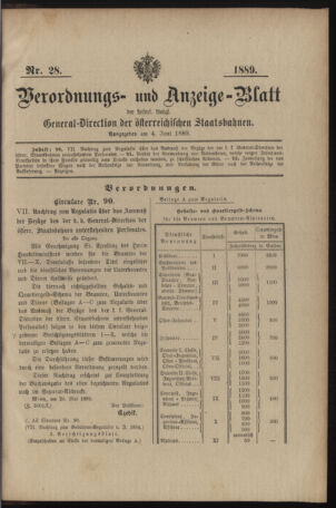 Verordnungs- und Anzeige-Blatt der k.k. General-Direction der österr. Staatsbahnen 18890604 Seite: 1