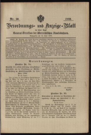 Verordnungs- und Anzeige-Blatt der k.k. General-Direction der österr. Staatsbahnen 18890615 Seite: 1