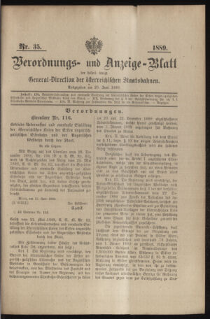 Verordnungs- und Anzeige-Blatt der k.k. General-Direction der österr. Staatsbahnen 18890625 Seite: 1