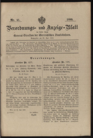 Verordnungs- und Anzeige-Blatt der k.k. General-Direction der österr. Staatsbahnen 18890630 Seite: 1