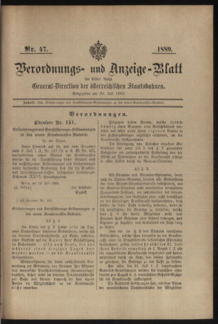 Verordnungs- und Anzeige-Blatt der k.k. General-Direction der österr. Staatsbahnen 18890720 Seite: 1