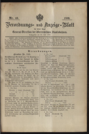 Verordnungs- und Anzeige-Blatt der k.k. General-Direction der österr. Staatsbahnen 18890725 Seite: 1