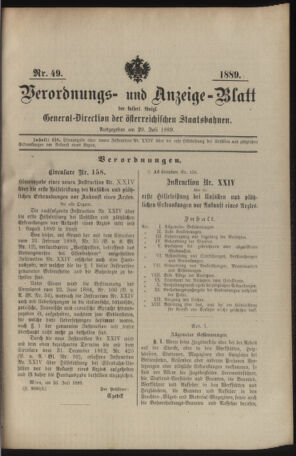 Verordnungs- und Anzeige-Blatt der k.k. General-Direction der österr. Staatsbahnen 18890729 Seite: 1