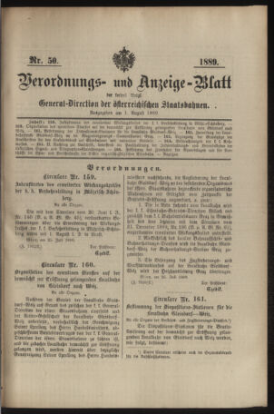 Verordnungs- und Anzeige-Blatt der k.k. General-Direction der österr. Staatsbahnen 18890801 Seite: 1