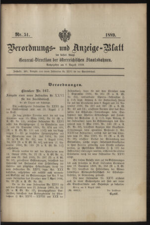 Verordnungs- und Anzeige-Blatt der k.k. General-Direction der österr. Staatsbahnen 18890809 Seite: 1