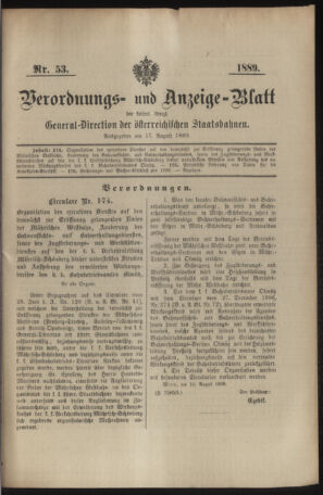 Verordnungs- und Anzeige-Blatt der k.k. General-Direction der österr. Staatsbahnen 18890817 Seite: 1