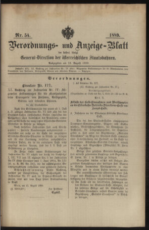 Verordnungs- und Anzeige-Blatt der k.k. General-Direction der österr. Staatsbahnen 18890818 Seite: 1