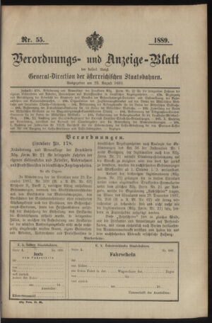 Verordnungs- und Anzeige-Blatt der k.k. General-Direction der österr. Staatsbahnen 18890823 Seite: 1