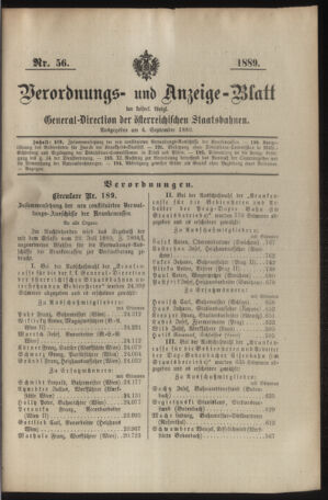 Verordnungs- und Anzeige-Blatt der k.k. General-Direction der österr. Staatsbahnen 18890904 Seite: 1