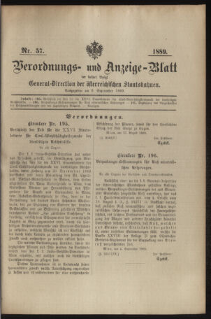 Verordnungs- und Anzeige-Blatt der k.k. General-Direction der österr. Staatsbahnen 18890909 Seite: 1