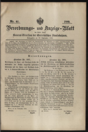 Verordnungs- und Anzeige-Blatt der k.k. General-Direction der österr. Staatsbahnen 18890926 Seite: 1