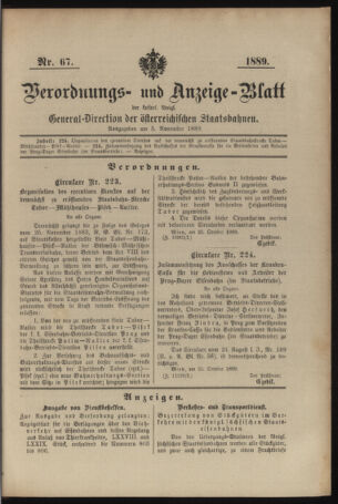 Verordnungs- und Anzeige-Blatt der k.k. General-Direction der österr. Staatsbahnen 18891105 Seite: 1