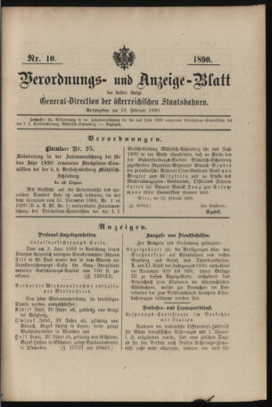 Verordnungs- und Anzeige-Blatt der k.k. General-Direction der österr. Staatsbahnen 18900219 Seite: 1