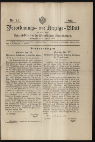 Verordnungs- und Anzeige-Blatt der k.k. General-Direction der österr. Staatsbahnen 18900226 Seite: 1