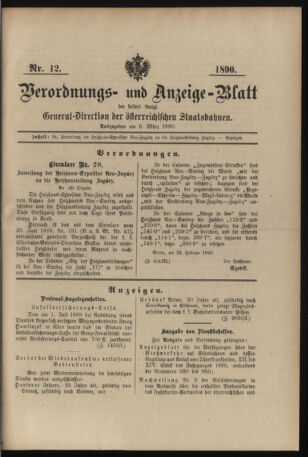 Verordnungs- und Anzeige-Blatt der k.k. General-Direction der österr. Staatsbahnen 18900306 Seite: 1