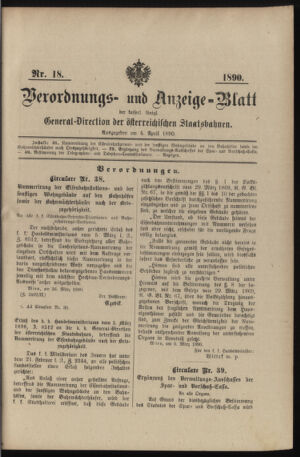 Verordnungs- und Anzeige-Blatt der k.k. General-Direction der österr. Staatsbahnen 18900404 Seite: 1