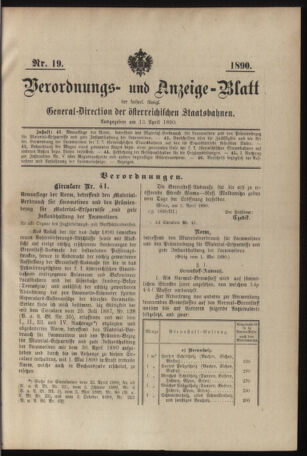 Verordnungs- und Anzeige-Blatt der k.k. General-Direction der österr. Staatsbahnen 18900413 Seite: 1