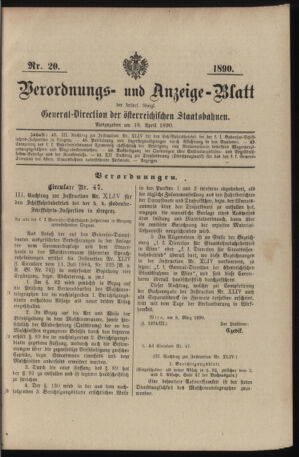 Verordnungs- und Anzeige-Blatt der k.k. General-Direction der österr. Staatsbahnen 18900418 Seite: 1