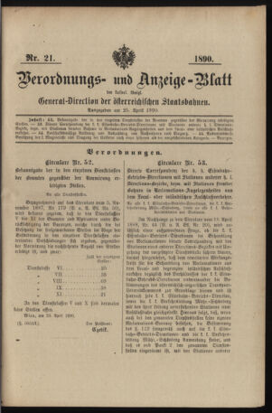 Verordnungs- und Anzeige-Blatt der k.k. General-Direction der österr. Staatsbahnen 18900425 Seite: 1