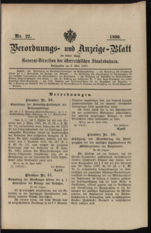 Verordnungs- und Anzeige-Blatt der k.k. General-Direction der österr. Staatsbahnen 18900503 Seite: 1