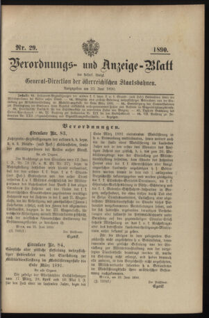 Verordnungs- und Anzeige-Blatt der k.k. General-Direction der österr. Staatsbahnen 18900625 Seite: 1