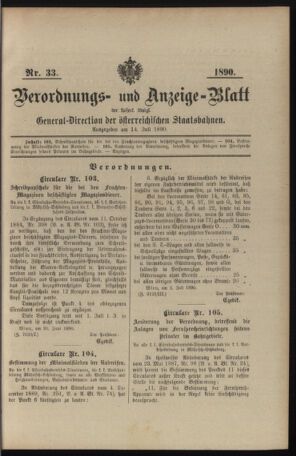 Verordnungs- und Anzeige-Blatt der k.k. General-Direction der österr. Staatsbahnen 18900714 Seite: 1