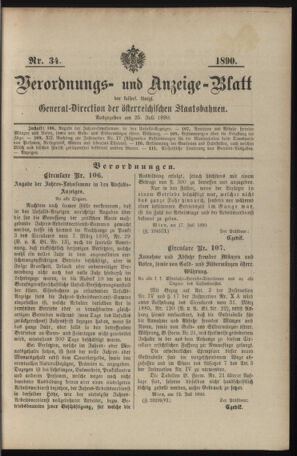 Verordnungs- und Anzeige-Blatt der k.k. General-Direction der österr. Staatsbahnen 18900725 Seite: 1