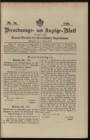 Verordnungs- und Anzeige-Blatt der k.k. General-Direction der österr. Staatsbahnen 18900807 Seite: 1