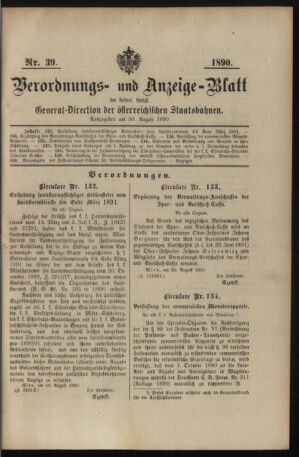 Verordnungs- und Anzeige-Blatt der k.k. General-Direction der österr. Staatsbahnen 18900830 Seite: 1