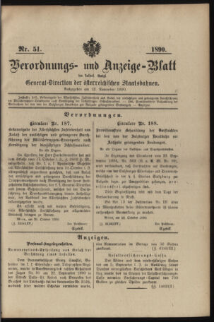 Verordnungs- und Anzeige-Blatt der k.k. General-Direction der österr. Staatsbahnen 18901112 Seite: 1