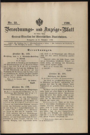 Verordnungs- und Anzeige-Blatt der k.k. General-Direction der österr. Staatsbahnen 18901121 Seite: 1