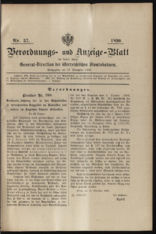 Verordnungs- und Anzeige-Blatt der k.k. General-Direction der österr. Staatsbahnen 18901219 Seite: 1