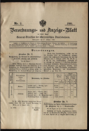 Verordnungs- und Anzeige-Blatt der k.k. General-Direction der österr. Staatsbahnen 18910117 Seite: 1