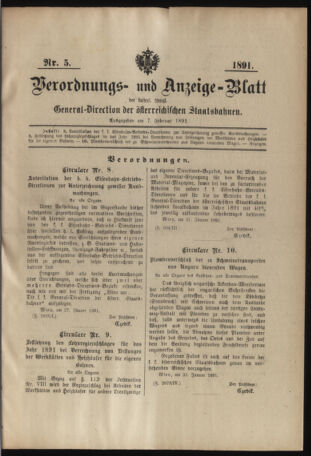 Verordnungs- und Anzeige-Blatt der k.k. General-Direction der österr. Staatsbahnen 18910207 Seite: 1