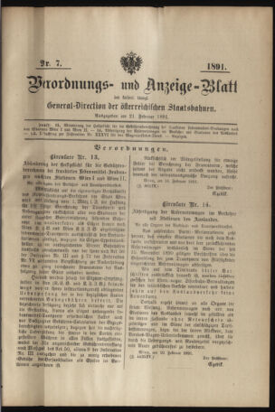 Verordnungs- und Anzeige-Blatt der k.k. General-Direction der österr. Staatsbahnen 18910221 Seite: 1