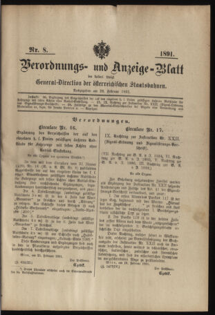 Verordnungs- und Anzeige-Blatt der k.k. General-Direction der österr. Staatsbahnen 18910228 Seite: 1