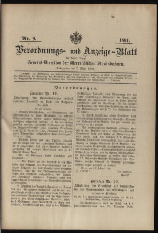 Verordnungs- und Anzeige-Blatt der k.k. General-Direction der österr. Staatsbahnen 18910307 Seite: 1